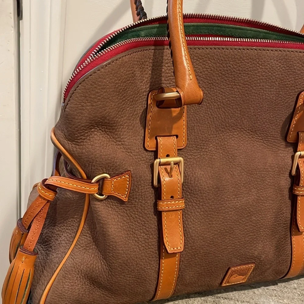 Dooney & Bourke Satchel Taupe Color Large Domed Structure Buckle Tassel Accents - Picture 2 of 15